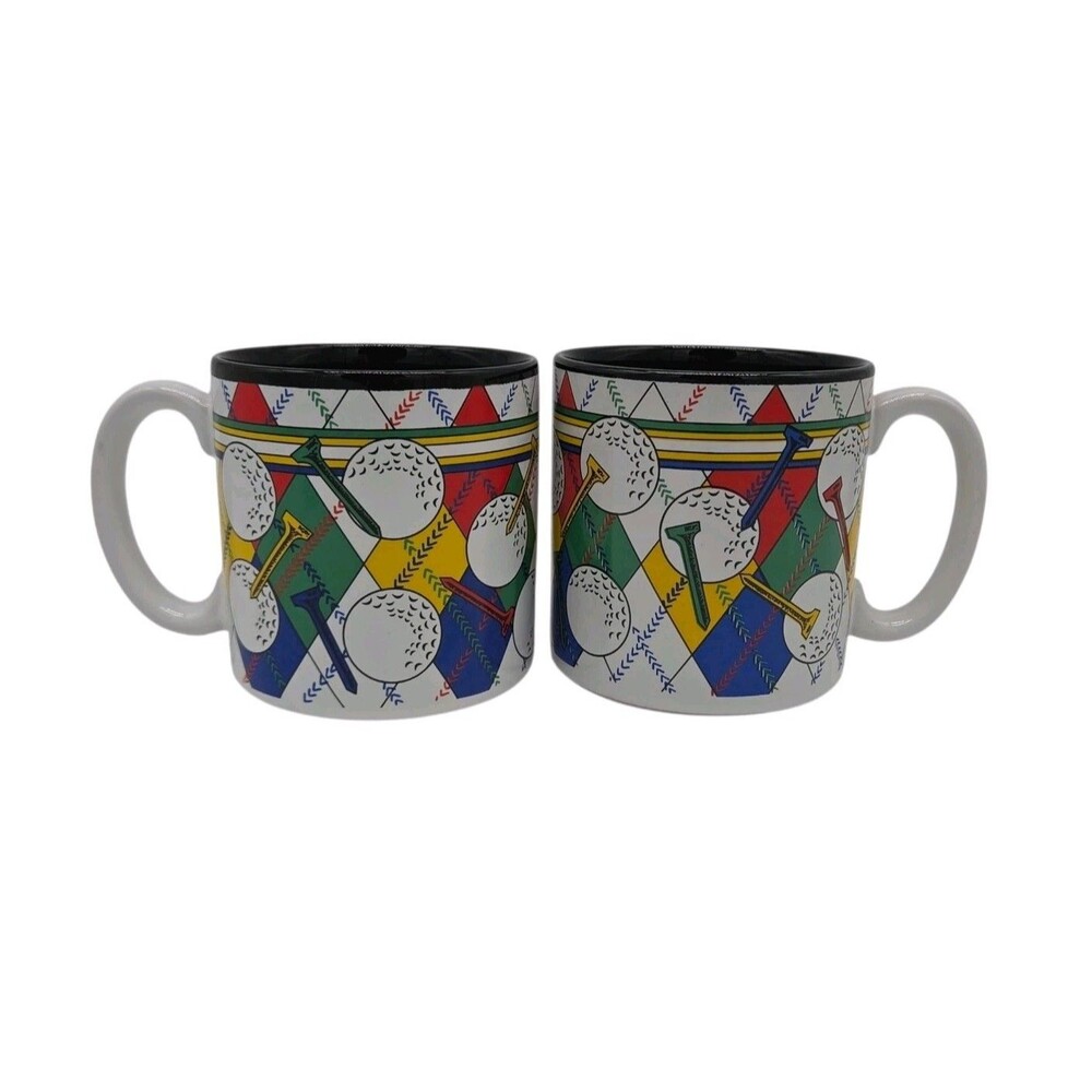 Susan Burger Golfing Golf Coffee Mug Tea Cups Argyle Vtg Grandpa Retro 80s Set 2